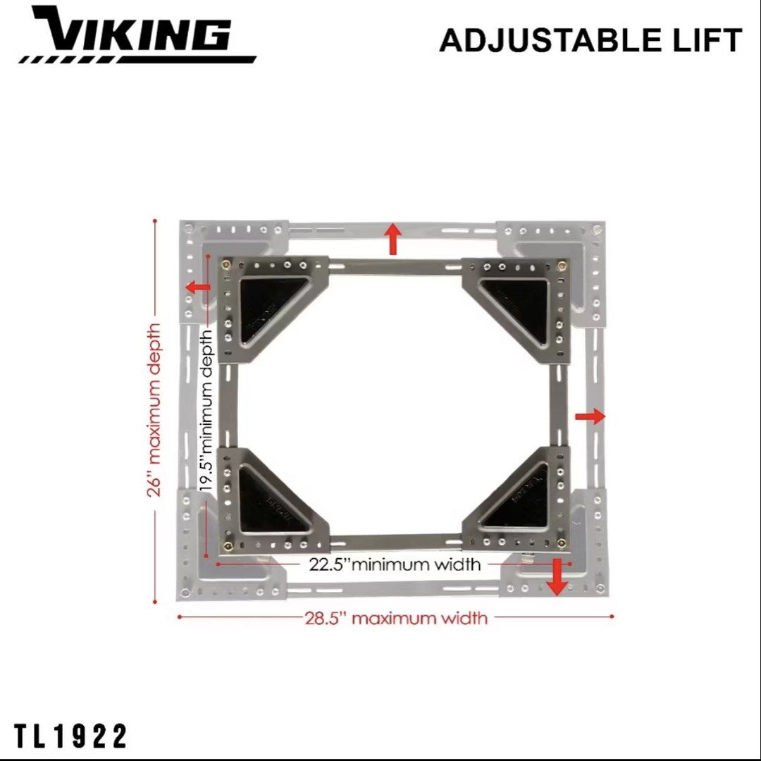 Viking Refrigerator/Washing machine/Appliance Stand (Category: Home Improvement Tools & Accessories) located in Makati City. Submitted by je.luxe.life (Listing ID 1462719954, Image 2). Description: Viking Adjustable appliance stand. Min: 22.5in x 19.5in Max: 28.5in x 26in 150kg heavy duty capacity 10” lifting height 4 triangular rubber pads to absorb vibration Powder coated silver grey Fully welded base framing Just bought online for 1.8k. Assemb