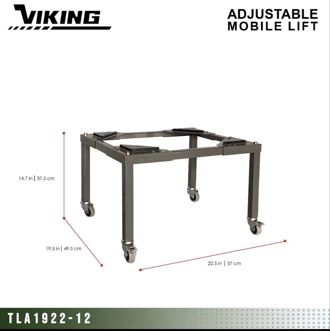 Viking Refrigerator/Washing machine/Appliance Stand (Category: Home Improvement Tools & Accessories) located in Makati City. Submitted by je.luxe.life (Listing ID 1462719954, Image 1). Description: Viking Adjustable appliance stand. Min: 22.5in x 19.5in Max: 28.5in x 26in 150kg heavy duty capacity 10” lifting height 4 triangular rubber pads to absorb vibration Powder coated silver grey Fully welded base framing Just bought online for 1.8k. Assemb