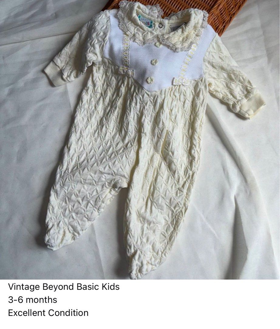 Vintage Beyond Basic Kids Cream Quilted Romper 3-6 Months (Category: Babies & Kids Fashion) located in Manila. Submitted by miamoire (Listing ID 1462837067, Image 1). Description: - Brand: Beyond Basic Kids - Color: Cream - Style: Quilted romper - Size: 3-6 months - Features: Sweet lace collar, button details, long sleeves, footies - Comfort: Perfect for keeping your little one cozy - Occasion: Great for everyday wear or special occasions.
