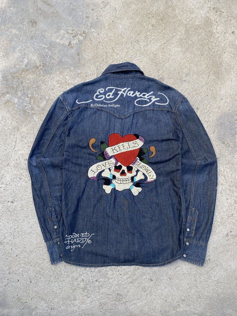 Vintage Ed Hardy Button-up Denim (Category: Activewear) located in Cebu City. Submitted by gianperothrifter (Listing ID 1462795268, Image 2). Description: Vintage Ed Hardy Button-up Denim Size S on tag width 20 inches length 29 inches sleeve length 26.5 inches issue: minor scratches 1,580 php.