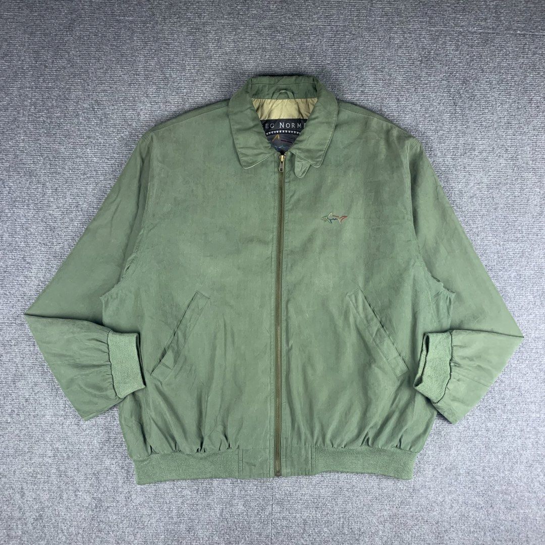 Vintage Greg Norman Collection Golf Harrington Jacket (Category: Coats, Jackets and Outerwear) located in Baguio. Submitted by vintage_lurker (Listing ID 1462852688, Image 1). Description: Size on tag: Large Width: 27” Length: 28” Issue/s: none Mine: 690 + Shipping fee 📍Payment first policy. no COD or COP 📍All items Washed and Sanitized 🧼 Shoot your offer. I’m all ears‼️ OTHER DETAILS: - Greg Norman Collection green jacket - Signature shark lo