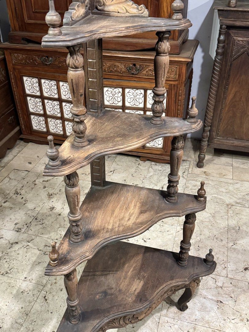 Vintage Narra 4 Tier Corner Shelf (Category: Shelves, Cabinets & Racks) located in Manila. Submitted by sinaunang_gamit (Listing ID 1462746586, Image 3). Description: Vintage Narra 4 Tier Corner Shelf Height: 54 inches Length: 24 inches Width: 20 inches ₱8k.