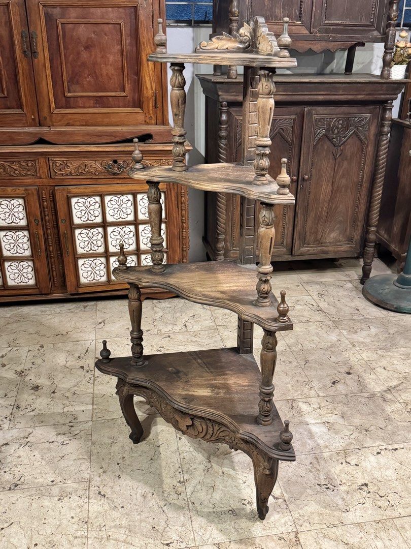 Vintage Narra 4 Tier Corner Shelf (Category: Shelves, Cabinets & Racks) located in Manila. Submitted by sinaunang_gamit (Listing ID 1462746586, Image 2). Description: Vintage Narra 4 Tier Corner Shelf Height: 54 inches Length: 24 inches Width: 20 inches ₱8k.