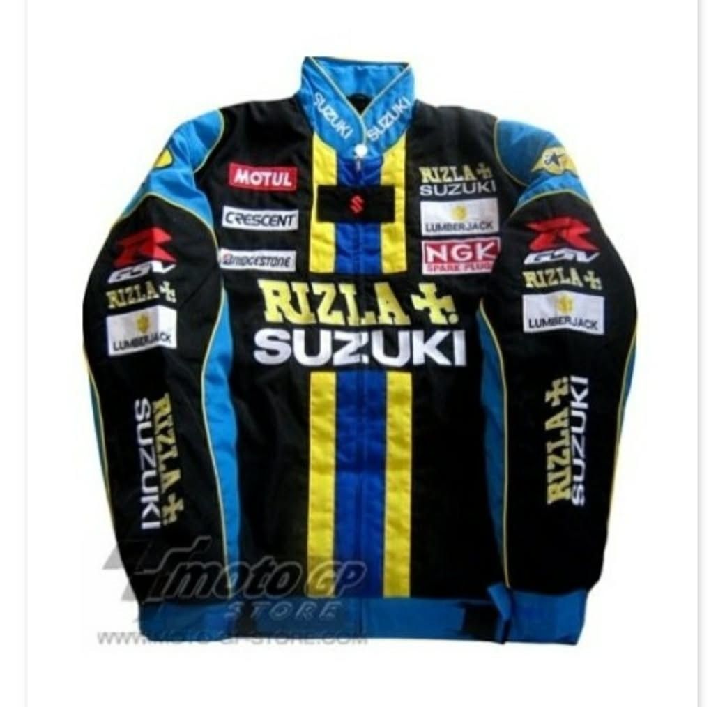Vintage Rizla Suzuki Racing Jacket XL (Category: Coats, Jackets and Outerwear) located in Manila. Submitted by coolstar-d2cc (Listing ID 1462838426, Image 1). Description: Vintage Rizla Suzuki racing jacket, XL. Blue, black, yellow color-block with embroidered sponsor patches (Motul, Bridgestone, etc.). Perfect for Suzuki/MotoGP fans..