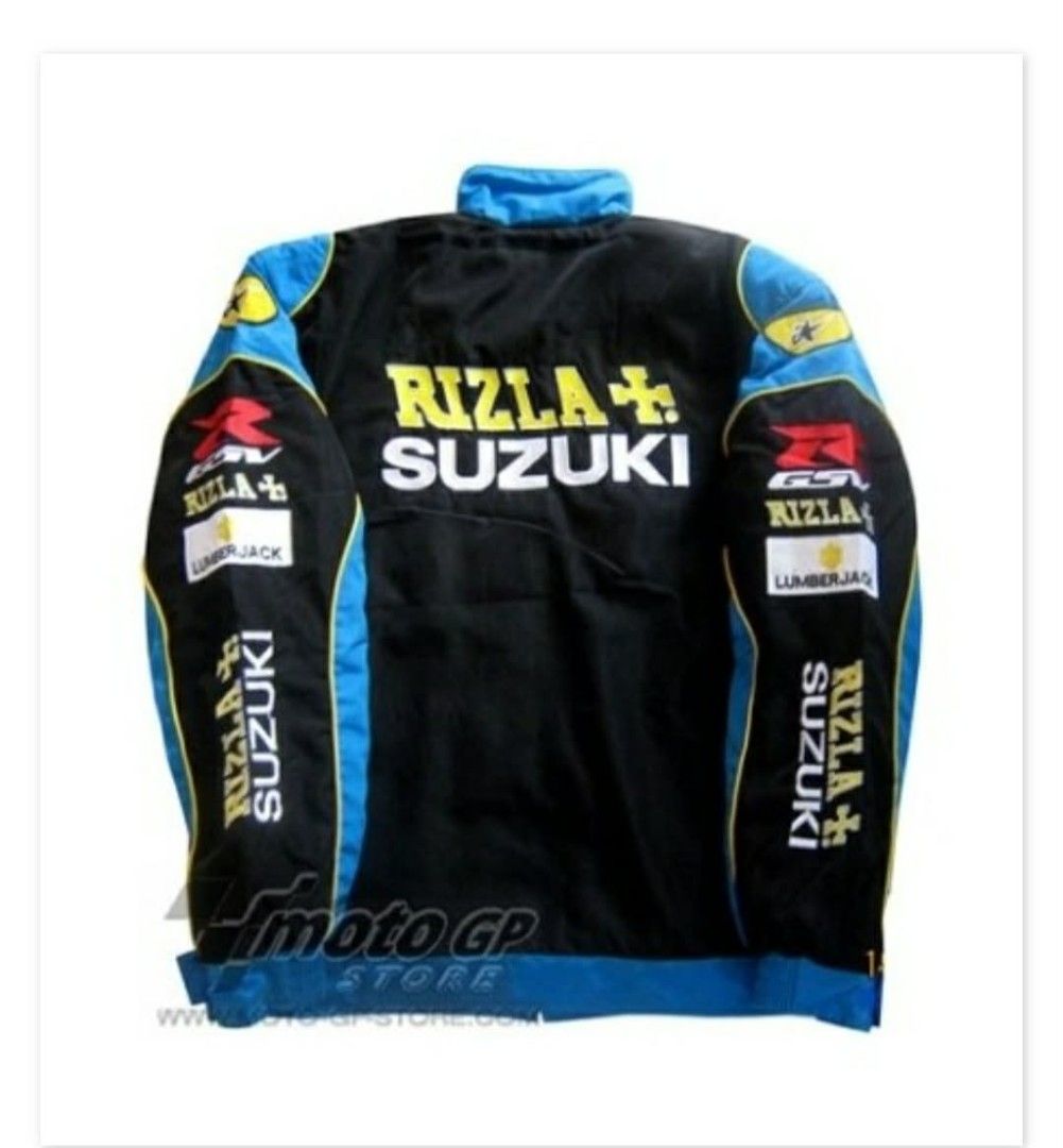 Vintage Rizla Suzuki Racing Jacket XL (Category: Coats, Jackets and Outerwear) located in Manila. Submitted by coolstar-d2cc (Listing ID 1462838426, Image 2). Description: Vintage Rizla Suzuki racing jacket, XL. Blue, black, yellow color-block with embroidered sponsor patches (Motul, Bridgestone, etc.). Perfect for Suzuki/MotoGP fans..