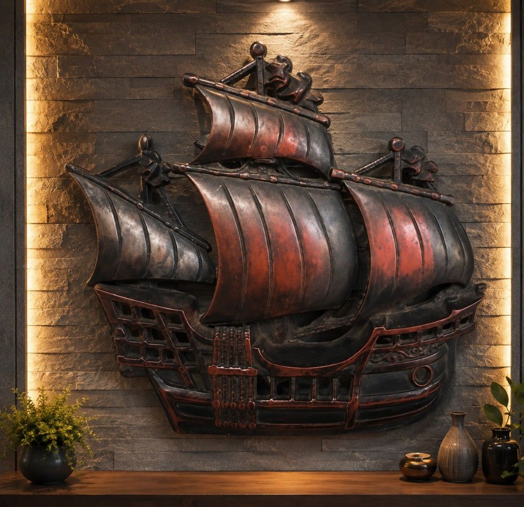 Vintage Ship Wall Art - Metal (Category: Wall Decor) located in Caloocan City. Submitted by jeicee858582831 (Listing ID 1462855084, Image 1). Description: - Cool vintage ship wall art - Made from durable metal - Distressed red and black finish for a rustic look - Ideal for nautical or pirate-themed decor - Easily mounts on your wall - Makes a unique statement piece.