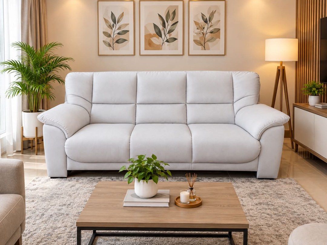 White 3-Seater Sofa (Category: Sofas) located in Angeles City. Submitted by maryannmar33098 (Listing ID 1462847993, Image 1). Description: - White 3-seater sofa - Comfortable and spacious - Features quilted cushion design - Versatile for most living room styles - Ideal for families and lounging - Pick up only.