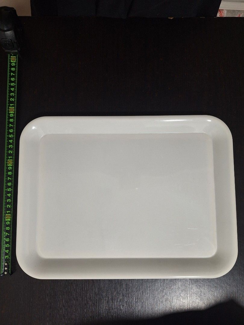 White Rectangular Serving Tray (Category: Dinnerware & Cutlery) located in Singapore. Submitted by florinsthon (Listing ID 1462866980, Image 3). Description: - White rectangular tray - Versatile: Use for serving food/drinks or organizing small items - Dimensions: Approx. 38cm x 26cm - $10 for 3pcs.