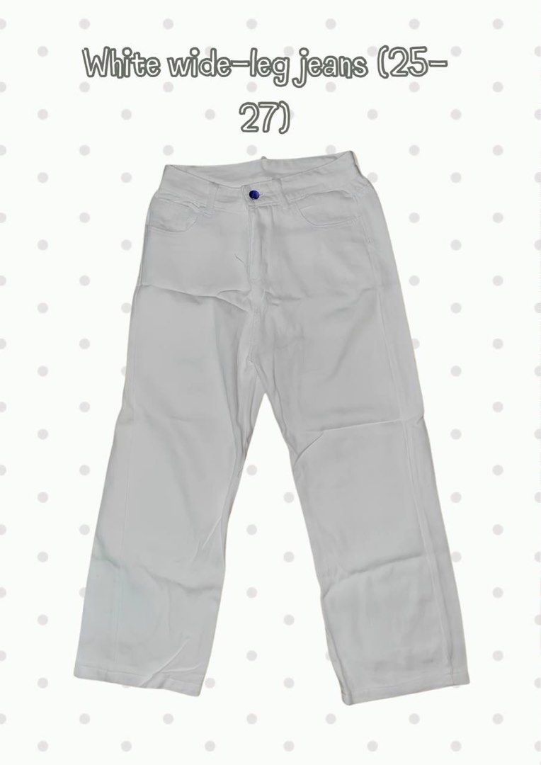 White Wide-Leg Jeans (Size 25-27) (Category: Jeans) located in Cavite. Submitted by heyitsmissy (Listing ID 1462858336, Image 1). Description: - White wide-leg jeans - Fits waist sizes 25 to 27 - Classic five-pocket styling - Button and zip closure - Comfortable and versatile for everyday wear - Easy to pair with any top.