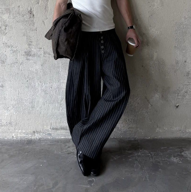 Wide Leg Striped Pants in Black (Category: Jeans) located in Maria Aurora. Submitted by raydett.kelly (Listing ID 1462788015, Image 2). Description: ASTEURREAL (Vietnamese Brand) (Vietnam Men) (Vietnam Clothes) Size Small Small Dimensions Waist: 28 inches Length: 38 inches.
