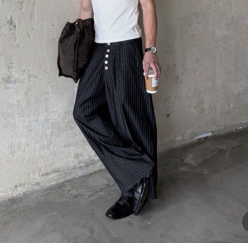 Wide Leg Striped Pants in Black (Category: Jeans) located in Maria Aurora. Submitted by raydett.kelly (Listing ID 1462788015, Image 1). Description: ASTEURREAL (Vietnamese Brand) (Vietnam Men) (Vietnam Clothes) Size Small Small Dimensions Waist: 28 inches Length: 38 inches.