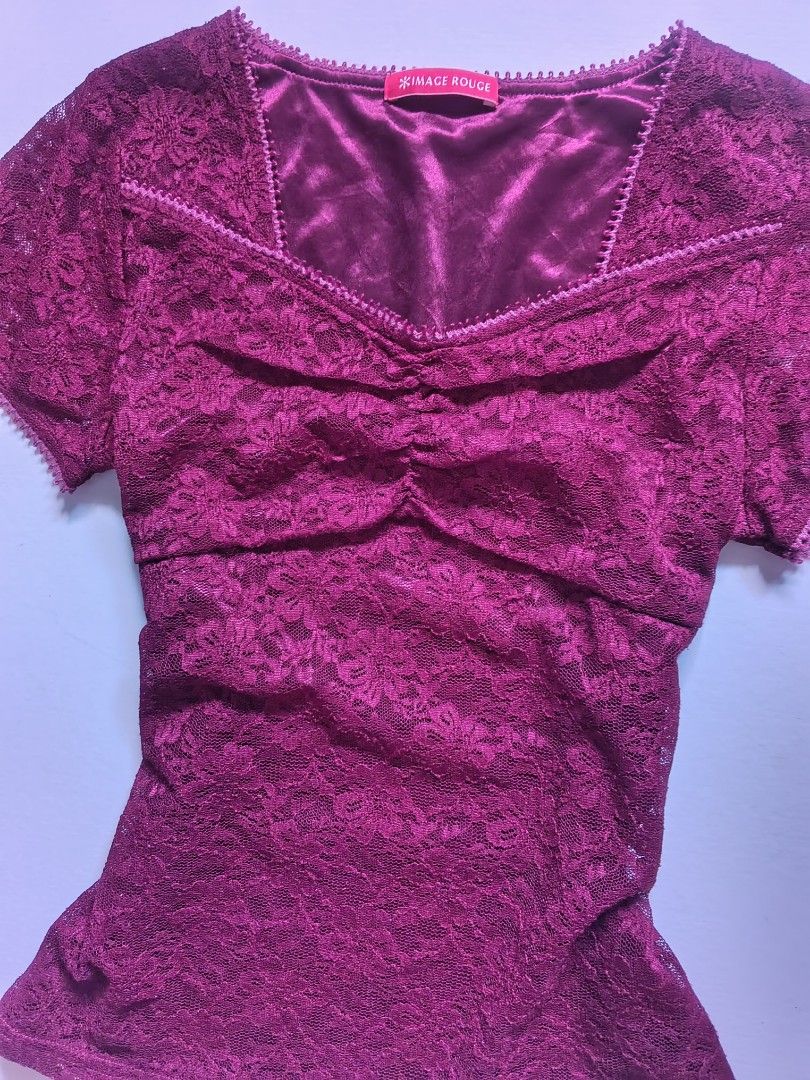Wine red lacey short sleeve top (Category: Blouses) located in Tarlac. Submitted by yohfinds (Listing ID 1462789267, Image 2). Description: please refer to medida sizing. bust : 34-38 | length : 22 | brand : image rouge condition : good qual like new WHEN WORN INCLUDED.