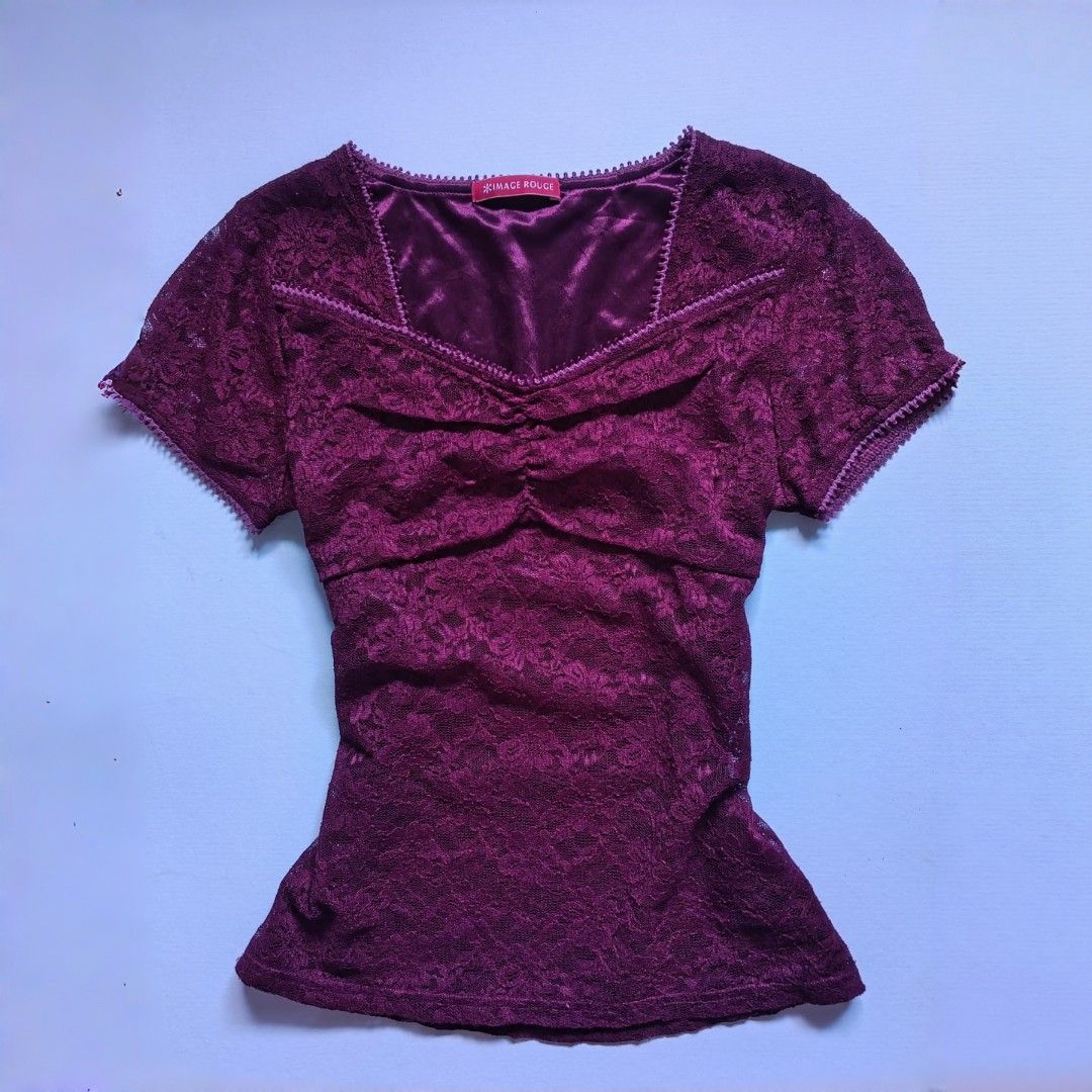 Wine red lacey short sleeve top (Category: Blouses) located in Tarlac. Submitted by yohfinds (Listing ID 1462789267, Image 1). Description: please refer to medida sizing. bust : 34-38 | length : 22 | brand : image rouge condition : good qual like new WHEN WORN INCLUDED.