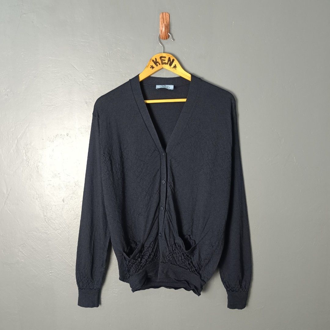 Women's - Prada (Category: Coats, Jackets and Outerwear) located in Bacolod City. Submitted by drop.ph (Listing ID 1462821035, Image 2). Description: Prada - Textured Knit Cardigan Authentic *Dark Navy *Size XXL - 21x24 *Excellent *No Flaws *Price: 1,500php *Add SF if outside Bacolod City .
