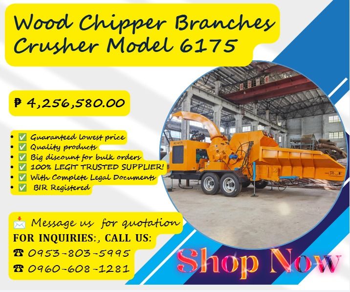Wood Chipper Branches Crusher Model 6175 (Category: Other Home Appliances) located in Caloocan City. Submitted by wildshark.ed516d (Listing ID 1462775686, Image 1). Description: •Model:6175 •Feeding Size(mm):400mm/15.8inch •Discharge Size (mm):5-12mm •Diesel Engine Power :240HP 6-cylinder •No. of Blade : H15/8 •Output Port : 360degree •Minimum Inlet Size(mm): 600*500mm •Capacity (kg/h) :8000*9000 •Fuel Tank Volume :120L •Hydraulic Tank Volume :50