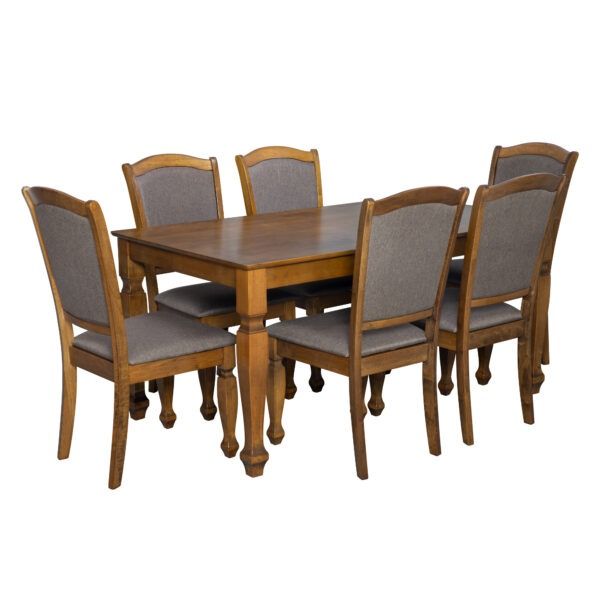 Wooden Dining Table with 6 Upholstered Chairs (Category: Tables & Sets) located in Caloocan City. Submitted by allhomeagroputatan_f87429 (Listing ID 1462726534, Image 1). Description: Selling a wooden dining table with six upholstered chairs. The table has a warm wood finish and sturdy legs. Chairs are upholstered in a neutral grey fabric. Great for family meals or entertaining guests. Seats six comfortably. Ready for a new home..