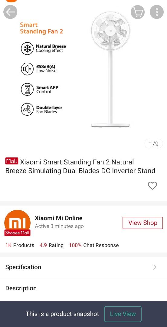 Xiaomi Smart Standing Fan 2 (Category: Fans) located in Caloocan City. Submitted by wayne.rhee (Listing ID 1462774329, Image 3). Description: No issue Price : 2000 Pickup : Solstice tower1, Makatk - Xiaomi Smart Standing Fan 2 - Simulates natural breeze with dual blades - Quiet operation (low noise at 55dB(A)) - Keeps your room cool and comfortable.