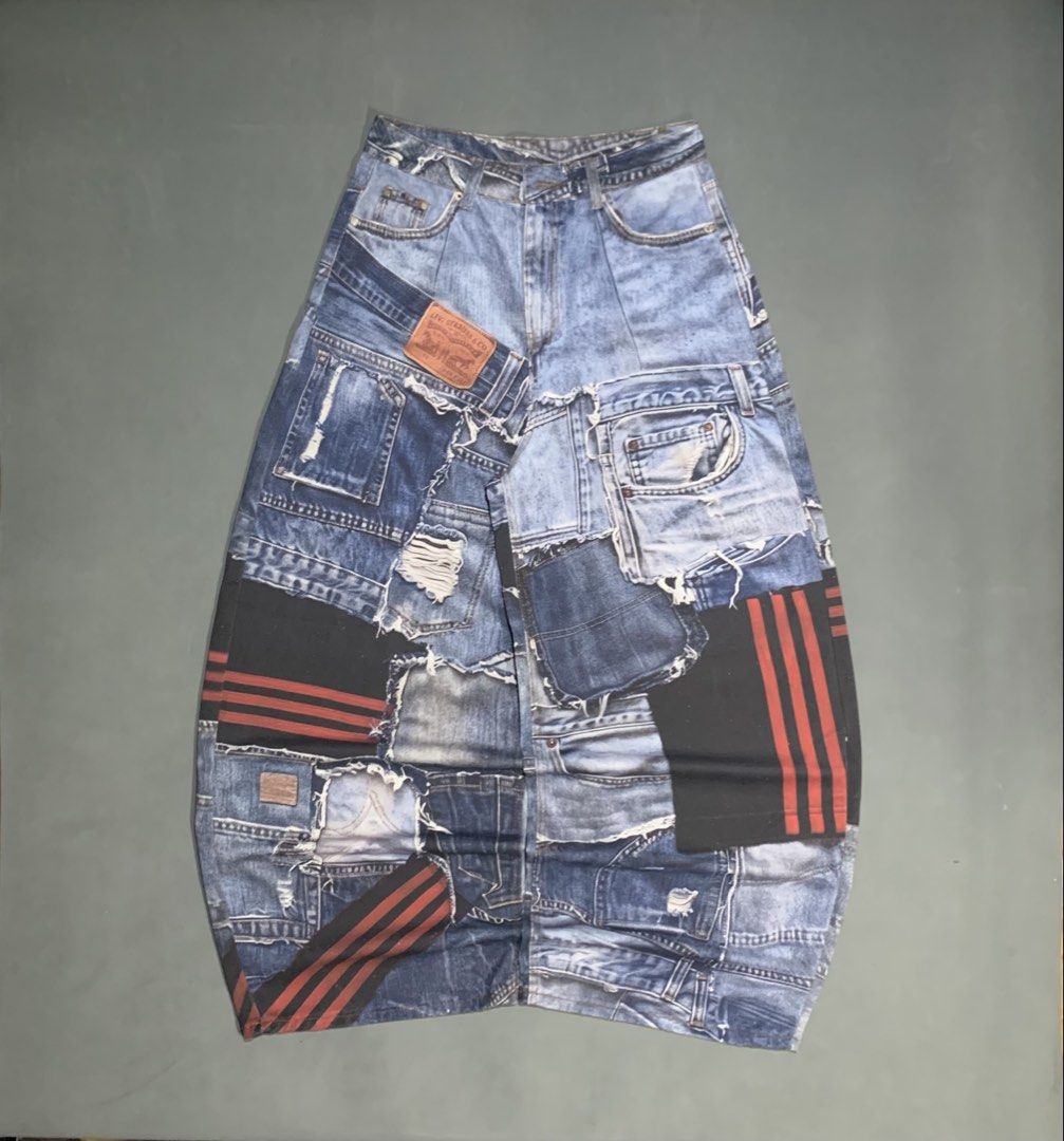 Y2K 3D GRAPHIC PATCHWORK MASSIVE WIDE BARREL JEANS (Category: Jeans) located in Quezon City. Submitted by jnkfit_denim (Listing ID 1462693739, Image 1). Description: Y2K 3D GRAPHIC PATCHWORK MASSIVE WIDE BARREL JEANS waistline: 30-31 length: 43 thigh: 15 leg opening: 13 - hard denim and slightly stiff - thick fabric - issue none - need wash - color rate 9.5/10 - highly reco for psg! - a must have! NEGOTIABLE!.