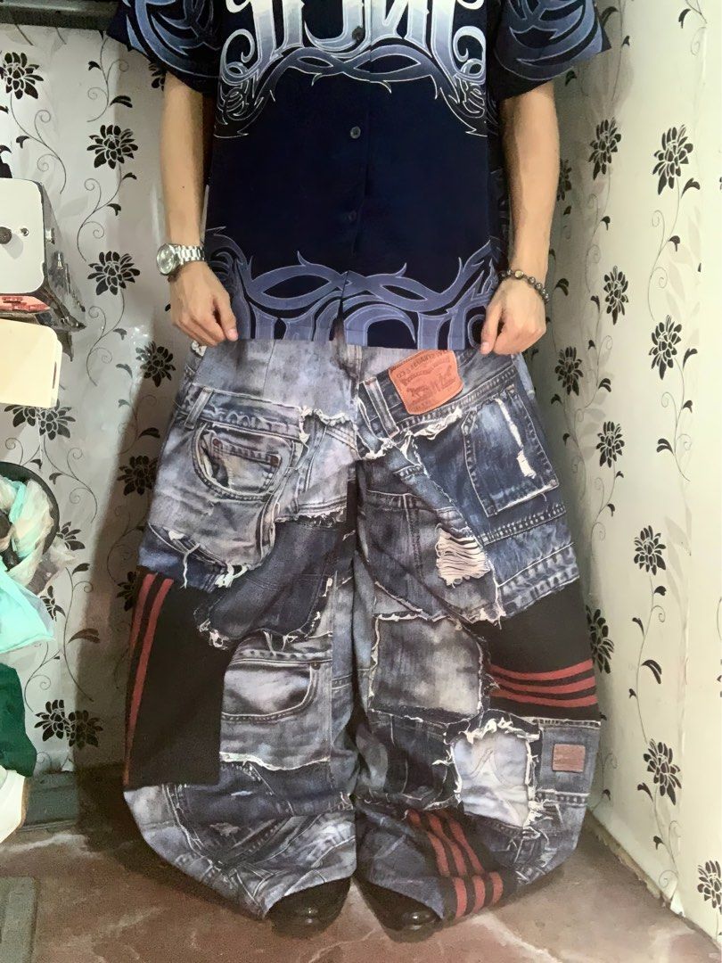 Y2K 3D GRAPHIC PATCHWORK MASSIVE WIDE BARREL JEANS (Category: Jeans) located in Quezon City. Submitted by jnkfit_denim (Listing ID 1462693739, Image 2). Description: Y2K 3D GRAPHIC PATCHWORK MASSIVE WIDE BARREL JEANS waistline: 30-31 length: 43 thigh: 15 leg opening: 13 - hard denim and slightly stiff - thick fabric - issue none - need wash - color rate 9.5/10 - highly reco for psg! - a must have! NEGOTIABLE!.