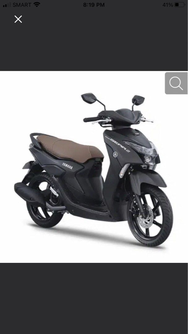 Yamaha Gear 125 Scooter (Category: Motorbikes for Sale) located in Caloocan City. Submitted by micaborcy (Listing ID 1462823257, Image 1). Description: Selling a Yamaha Gear 125 scooter. Matte black finish with a brown seat. Great for city commuting. Ready for a new owner. Message me for details..
