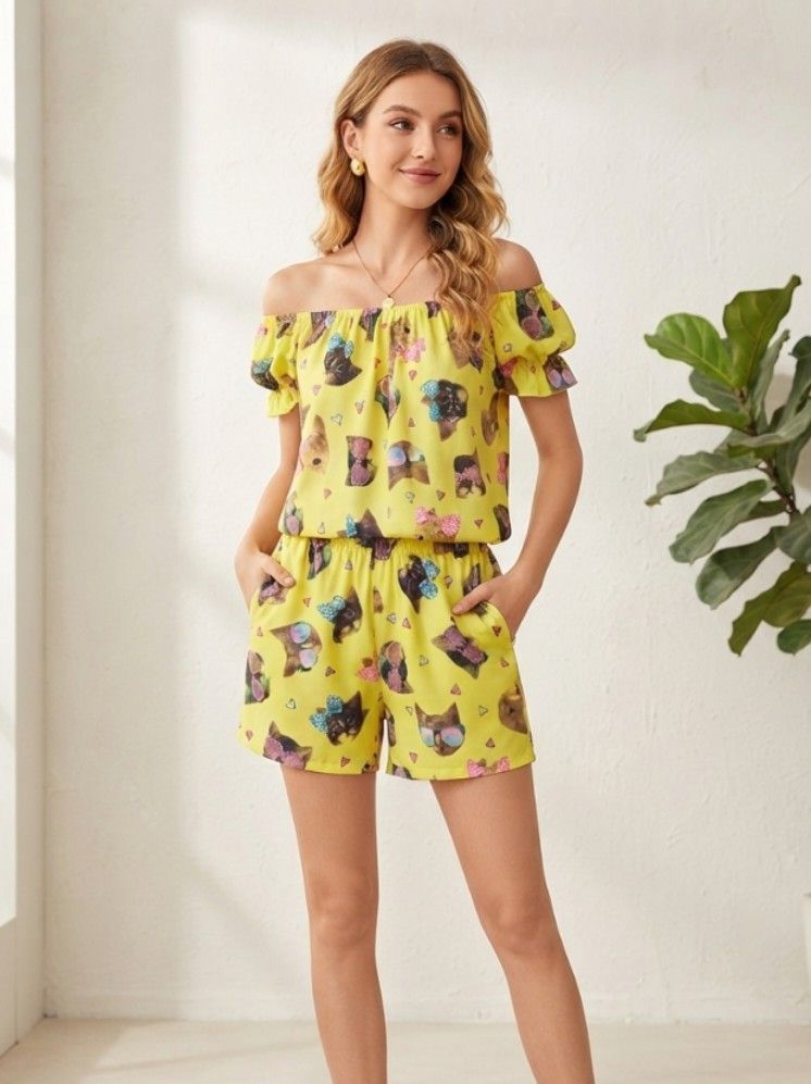 Yellow cat off shoulder shorts pajama (Category: Undergarments & Loungewear) located in Bocaue. Submitted by jessdcluters (Listing ID 1462828836, Image 1). Description: .
