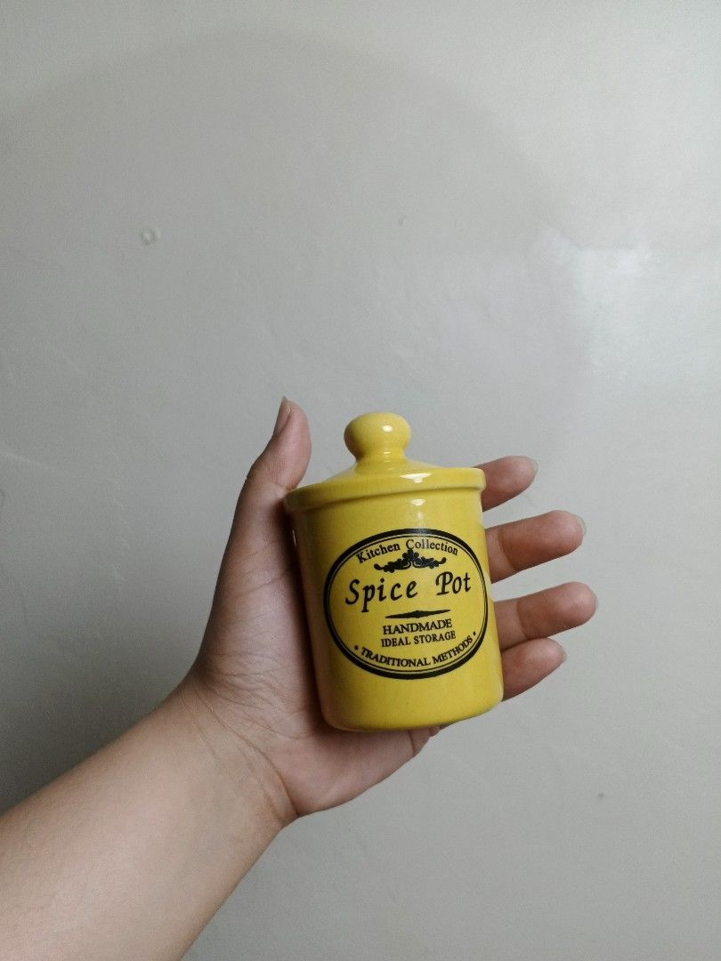 Yellow Ceramic Spice Pot Kitchen Collection Handmade Ideal Storage (Category: Other Kitchenware & Tableware) located in Quezon City. Submitted by pawenn (Listing ID 1462854113, Image 1). Description: - with crazing - Cute yellow ceramic spice pot - Part of the 'Kitchen Collection' - Handmade using traditional methods - Perfect for storing and keeping spices fresh - Adds a pop of color to your kitchen counter.