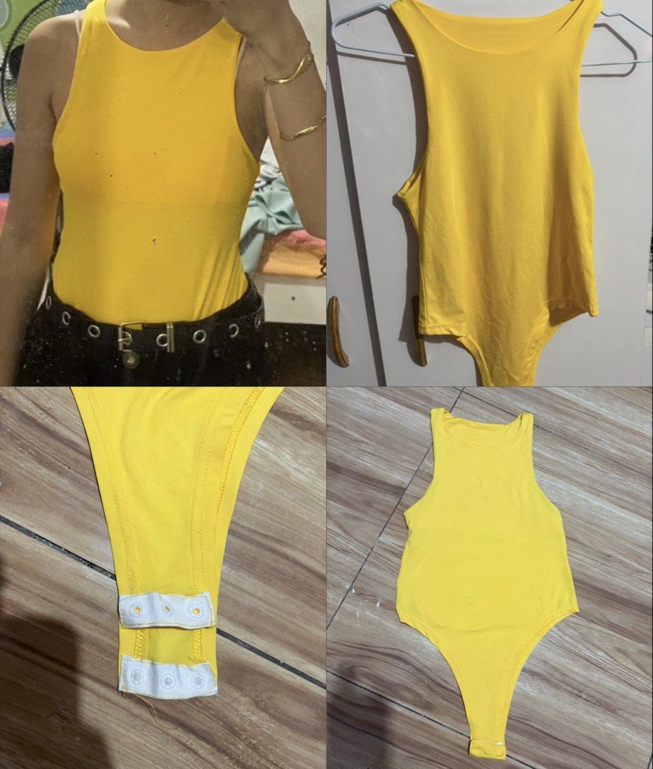 Yellow Sleeveless Bodysuit Snap Crotch (Category: Sleeveless) located in Quezon City. Submitted by kyjnll (Listing ID 1462880800, Image 1). Description: Used once only - Bright yellow sleeveless bodysuit - High neckline with racerback design - Thong bottom with convenient snap closure at crotch - Stretchy material for ultimate comfort - Versatile piece: great for layering or as a standalone top - Pairs perfectly with jeans or skirts.
