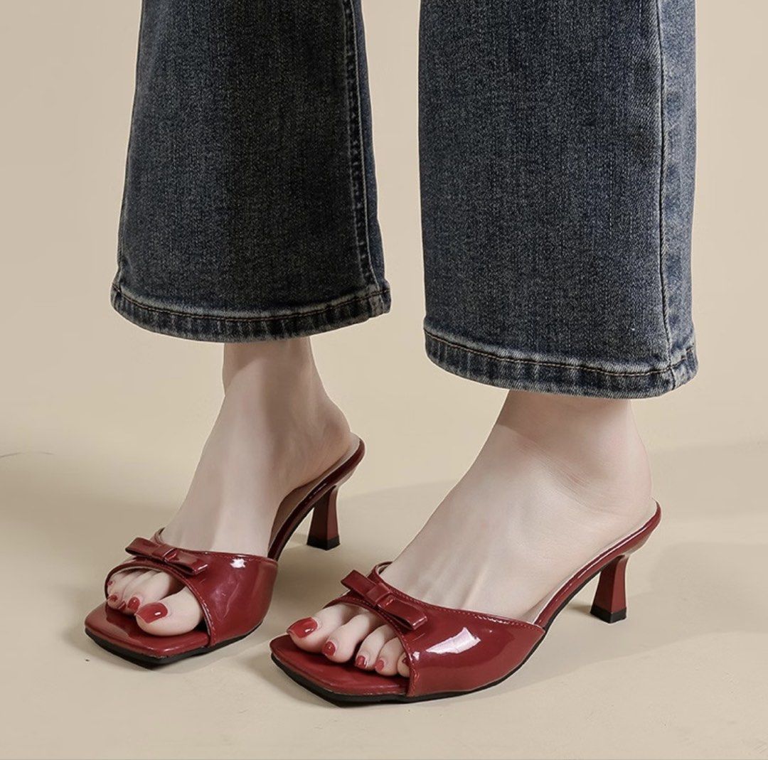 Red Patent Bow Square Toe Mules Heels (Category: Heels) located in Caloocan City. Submitted by kry_abc (Listing ID 1462753842, Image 2). Description: - Brand: YOTO - Color: Red - Material: Patent - Style: Mules - Toe Shape: Square - Detail: Cute bow on strap - Heel Type: Kitten heel - Closure: Slip-on - Versatile: Dress up or down.