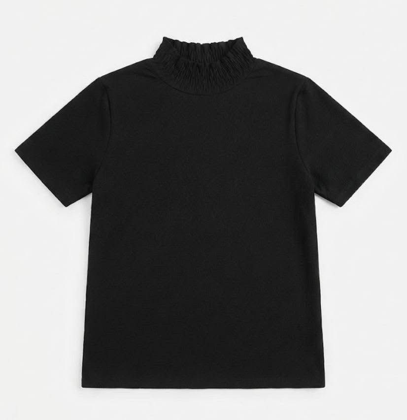 Zara Black Mock Neck Textured Top (Category: Blouses) located in Donsol. Submitted by saksthriftavenuebyluckymaria8 (Listing ID 1462880271, Image 2). Description: - Zara black short-sleeved top - Size: EUR 38 / US M - Features a mock neck with gathered, textured detail - Subtle textured pattern all over the fabric - Made in Turkey Zara black short-sleeved top with a gathered, smocked high neckline sz M chest 20in armhole 8in shoulder 16in length 