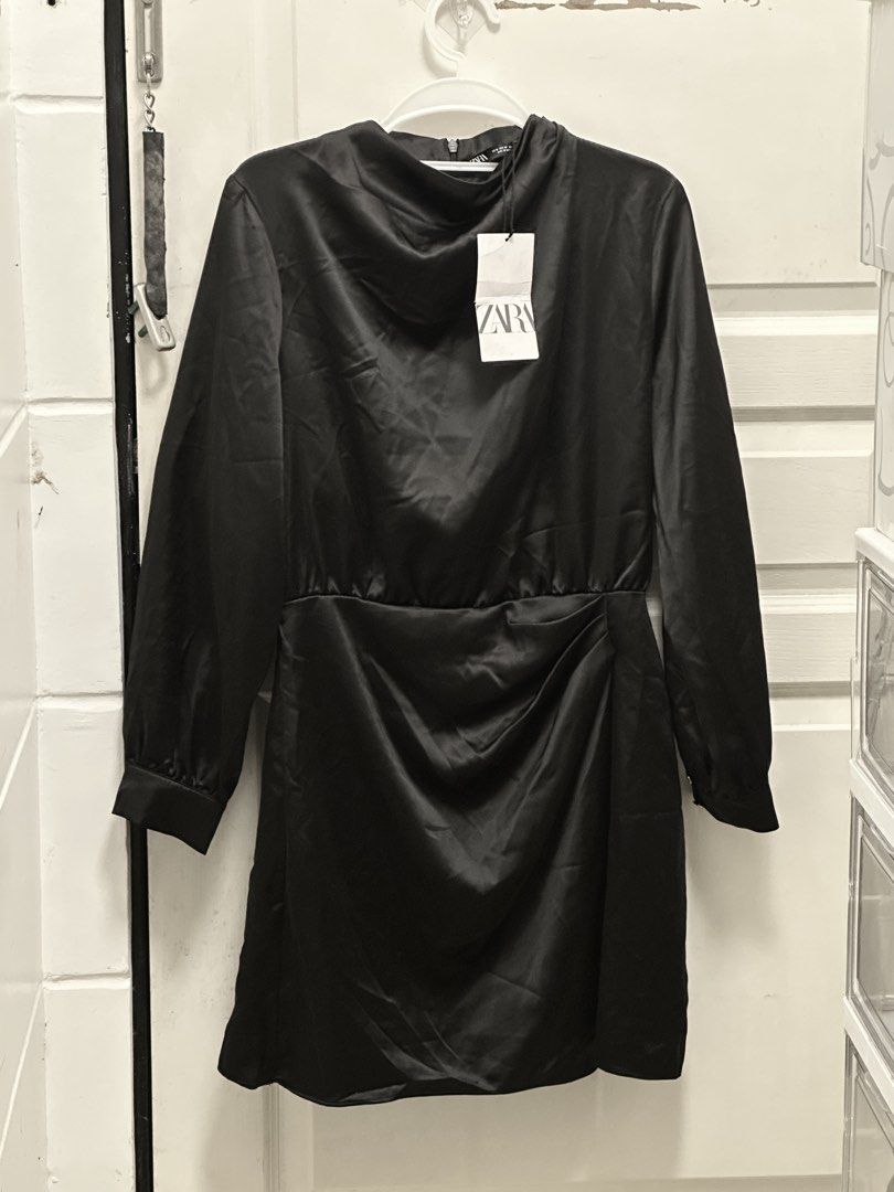 Zara Black Satin Ruched Drape Dress (Category: Dresses) located in Manila. Submitted by jemmmandes (Listing ID 1462801018, Image 1). Description: - Zara black satin dress - Brand New with tag.