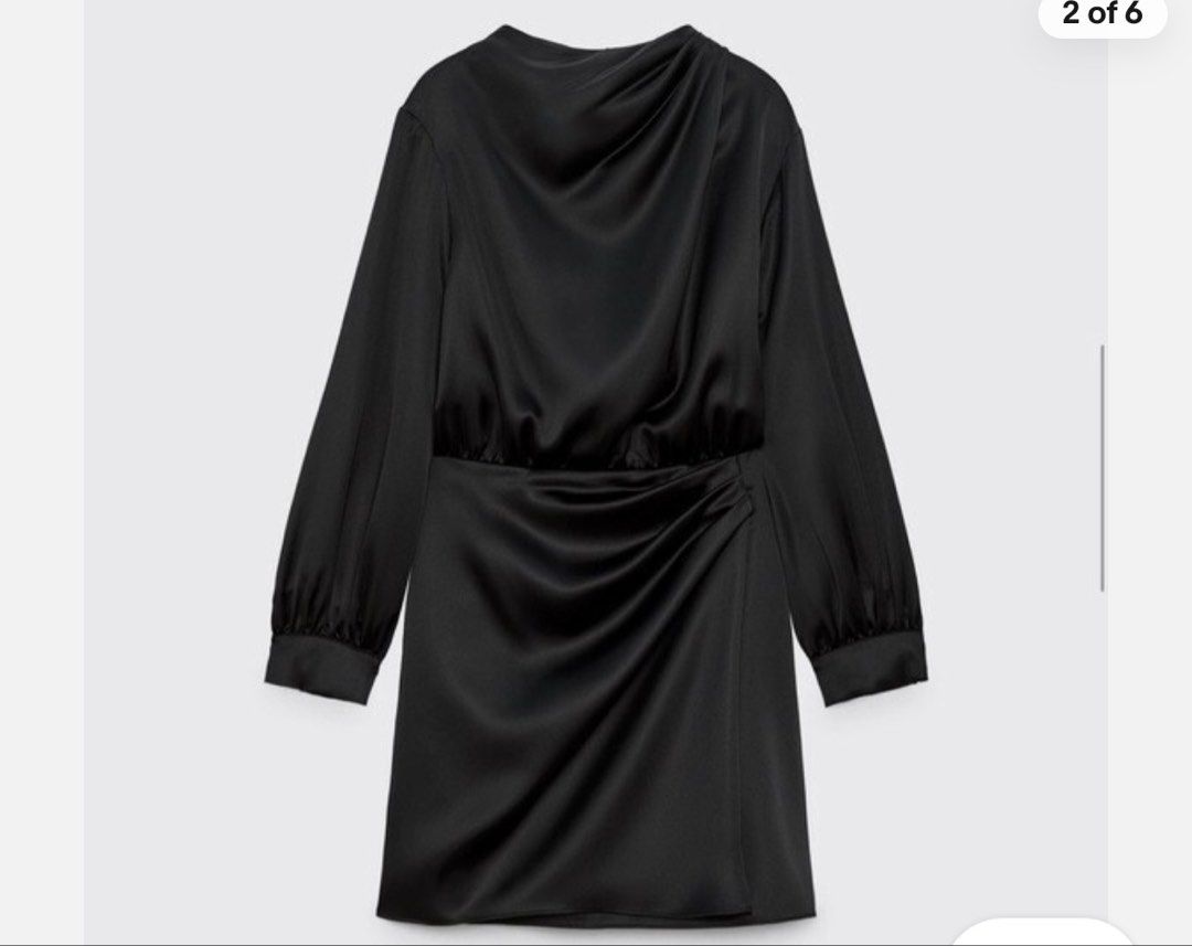 Zara Black Satin Ruched Drape Dress (Category: Dresses) located in Manila. Submitted by jemmmandes (Listing ID 1462801018, Image 3). Description: - Zara black satin dress - Brand New with tag.