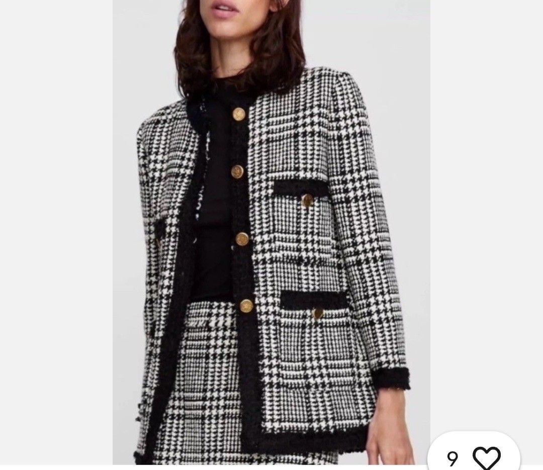 Zara Houndstooth Tweed Jacket with Gold Buttons (Category: Coats, Jackets and Outerwear) located in Manila. Submitted by PrinceDani.Clothing (Listing ID 1462787733, Image 1). Description: zara tweed houndstooth blazer large 19.5in width 27.5in length excellent condition .