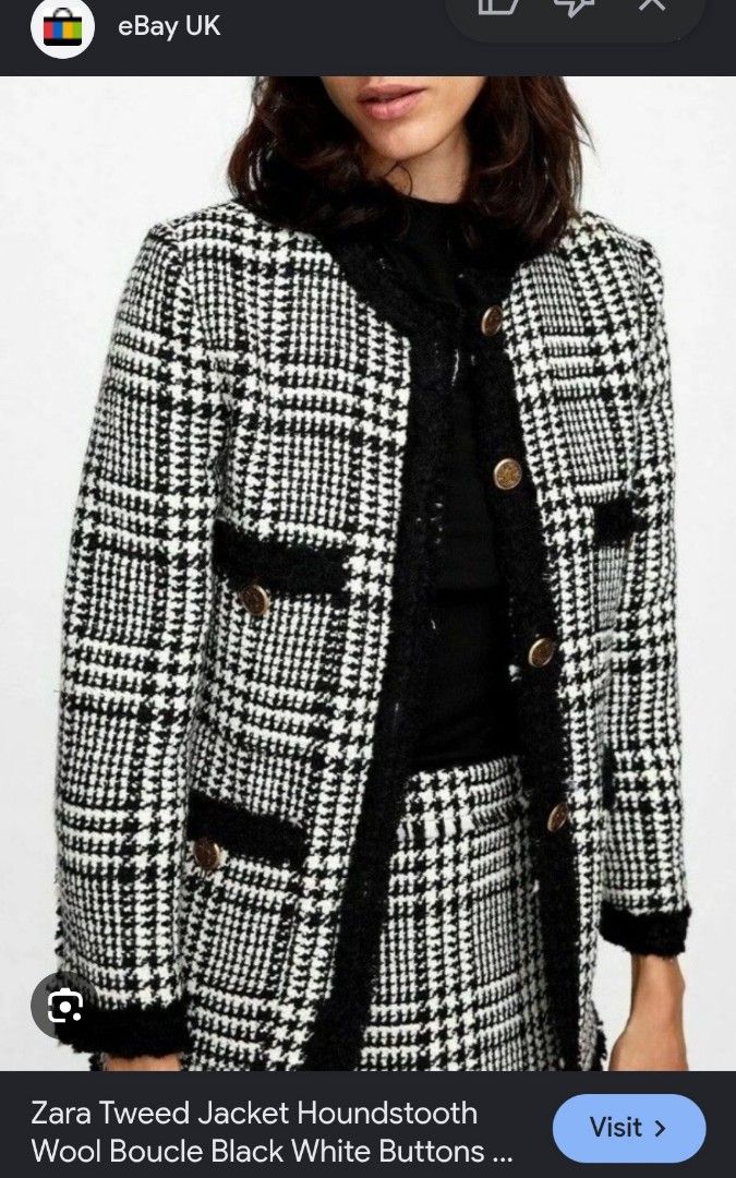 Zara Houndstooth Tweed Jacket with Gold Buttons (Category: Coats, Jackets and Outerwear) located in Manila. Submitted by PrinceDani.Clothing (Listing ID 1462787733, Image 2). Description: zara tweed houndstooth blazer large 19.5in width 27.5in length excellent condition .