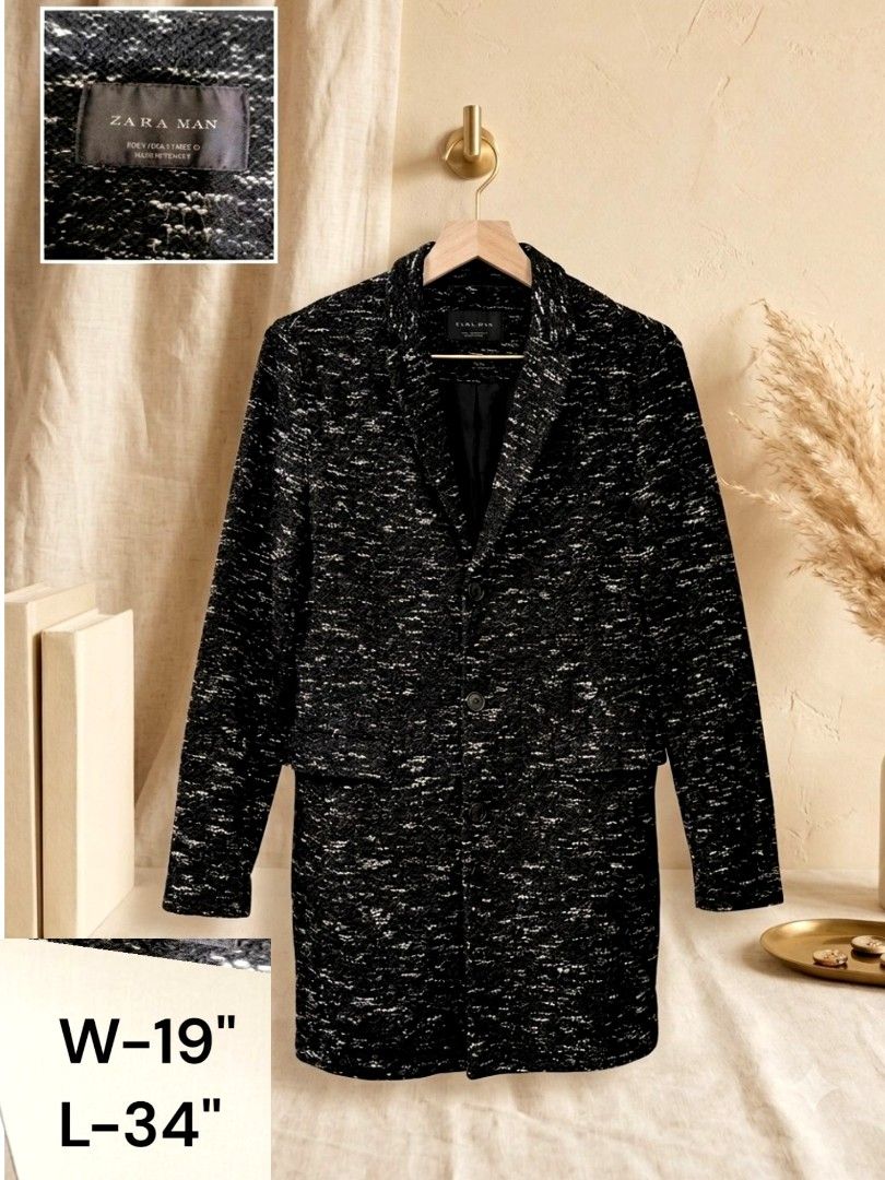 Zara Man Textured Blazer (Category: Coats, Jackets and Outerwear) located in Quezon City. Submitted by yusett (Listing ID 1462766830, Image 1). Description: - Zara Man blazer - Textured black and white pattern - Single button closure - Estimated size: S - Approximate measurements: Width 19", Length 34" - Perfect for dressing up or down.