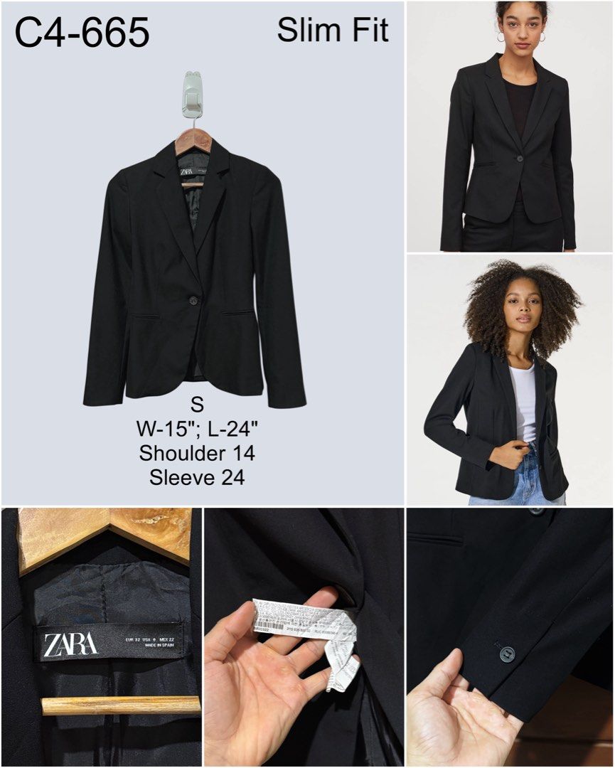 Zara Slim Fit Blazer Coat Black (Category: Coats, Jackets and Outerwear) located in Digos. Submitted by appareall (Listing ID 1462700852, Image 2). Description: C4-665 Approximate measurement (taken flat in inches) Size on tag: eur 32, Mex 22 Width (pit to pit): 15 Length: 24 Shoulder: 14 Sleeve length: 24 .
