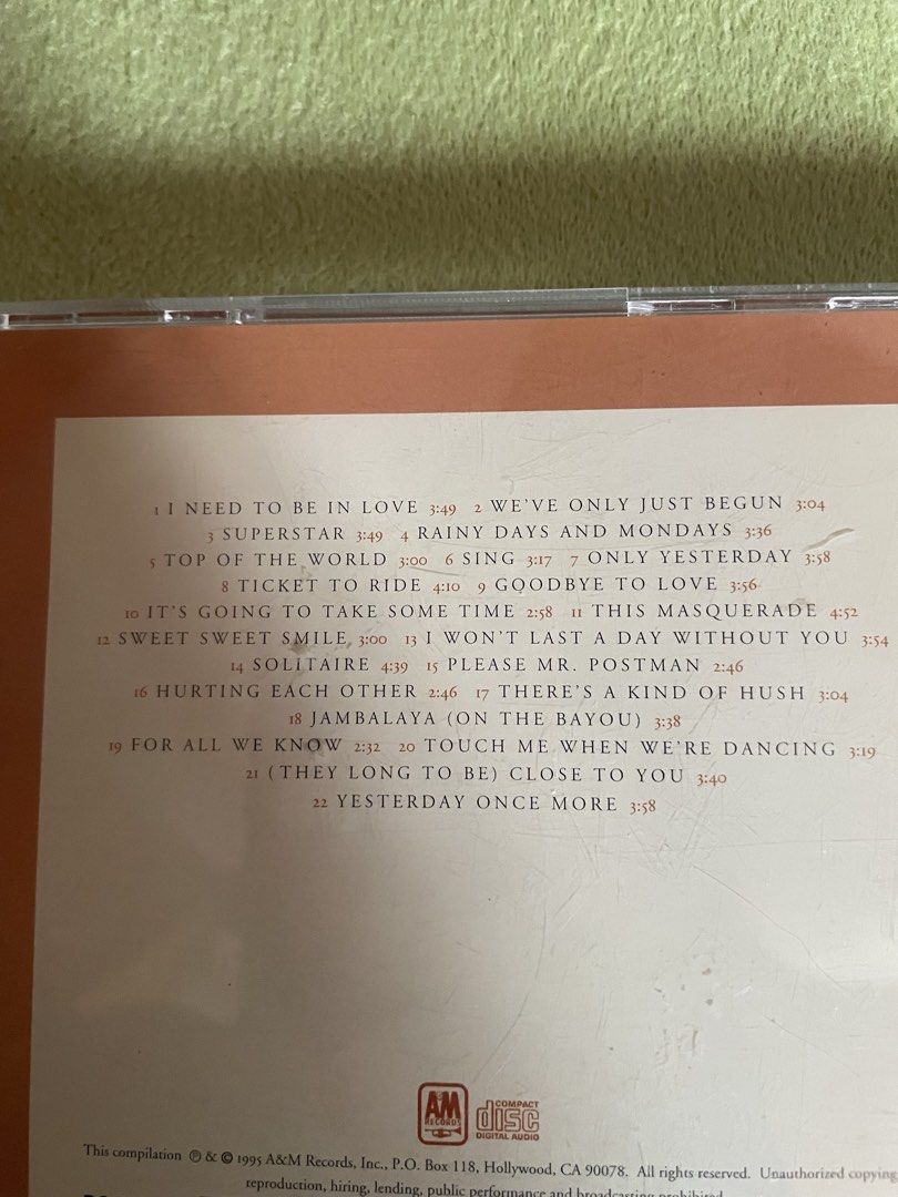 1995 Carpenters 22 Greatest Hits CD (Category: CDs & DVDs) located in Malaybalay. Submitted by mo0rph (Listing ID 1459098476, Image 3). Description: Add sf 120 Mindanao Maribank transfer Jnt.