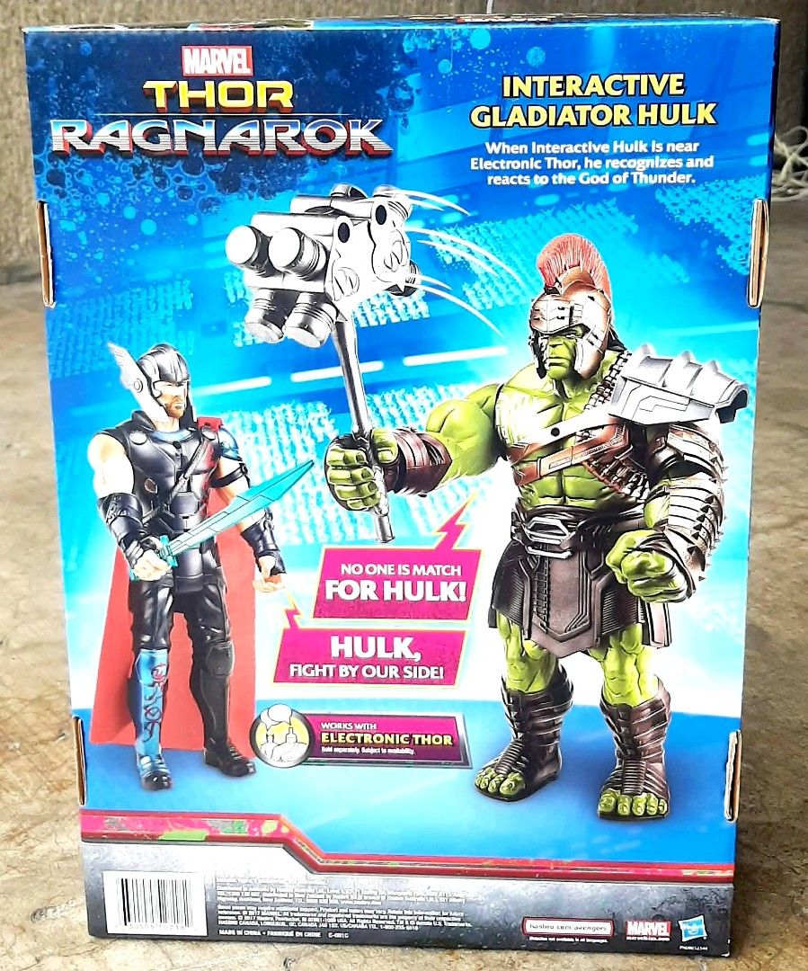 2017 Hasbro Marvel Thor: Ragnarok Interactive Gladiator Hulk Electronic Action Figure (Category: Action & Battle Toys) located in Liloan. Submitted by angelyneroberts_171329 (Listing ID 1459150729, Image 2). Description: FOR SALE 2017 Hasbro Marvel Thor: Ragnarok Interactive Gladiator Hulk Electronic Action Figure DESCRIPTION : - Model B9971, released by Hasbro in 2017. - Size: Stands about 13 to 14 inches (35 cm) tall. - Features electronic phra