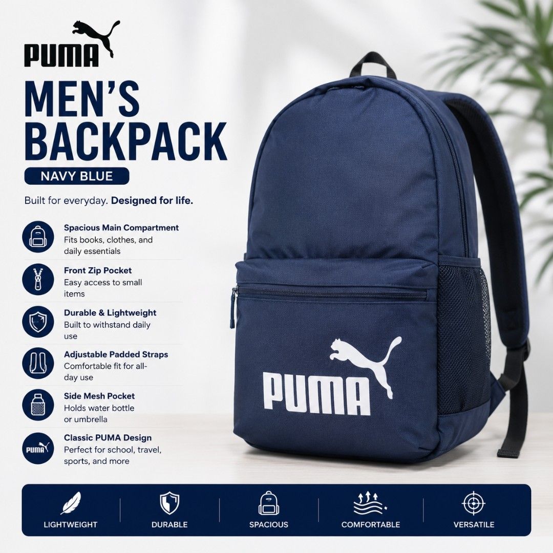 🎒 PUMA Men's Bagpack (Category: Backpacks) located in Antipolo. Submitted by carloivy12 (Listing ID 1449108664, Image 1). Description: ✔️ Color: Navy Bblue ✔️ With two size pocket and half front pocket ✔️ Spacious main compartment for books, clothes, or daily essentials ✔️ Front zip pocket provides quick access to small items ✔️ Durable, lightweight material for everyday use ✔️ Adjustable padded shoulder straps for comfortable carrying ✔️ Side m
