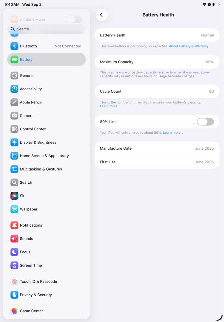 Apple iPad (A16) 128GB Silver (2 months old) (Category: iPad) located in Taguig. Submitted by jadeey_1998 (Listing ID 1459102772, Image 2). Description: ✅ No issues, dents, or scratches 🔋 100% Battery Health 🔄 80 Cycle Count ⚙️ Warranty Expires June 11, 2027 📦 Complete with original box (matching serial number) ⚡ Original adapter & replacement Type-C cable ‼️ Protective case included (used) ‼️ Newly matte tempered glass installed Price is slig