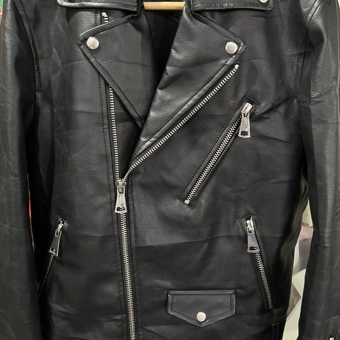 Asymmetric Black Leather Motorcycle Jacket Silver Zippers (Category: Coats, Jackets and Outerwear) located in Davao. Submitted by daveespino81318 (Listing ID 1459091984, Image 2). Description: Best fit for small size W19.5 L25 No issue❗️, makapal yung leather.