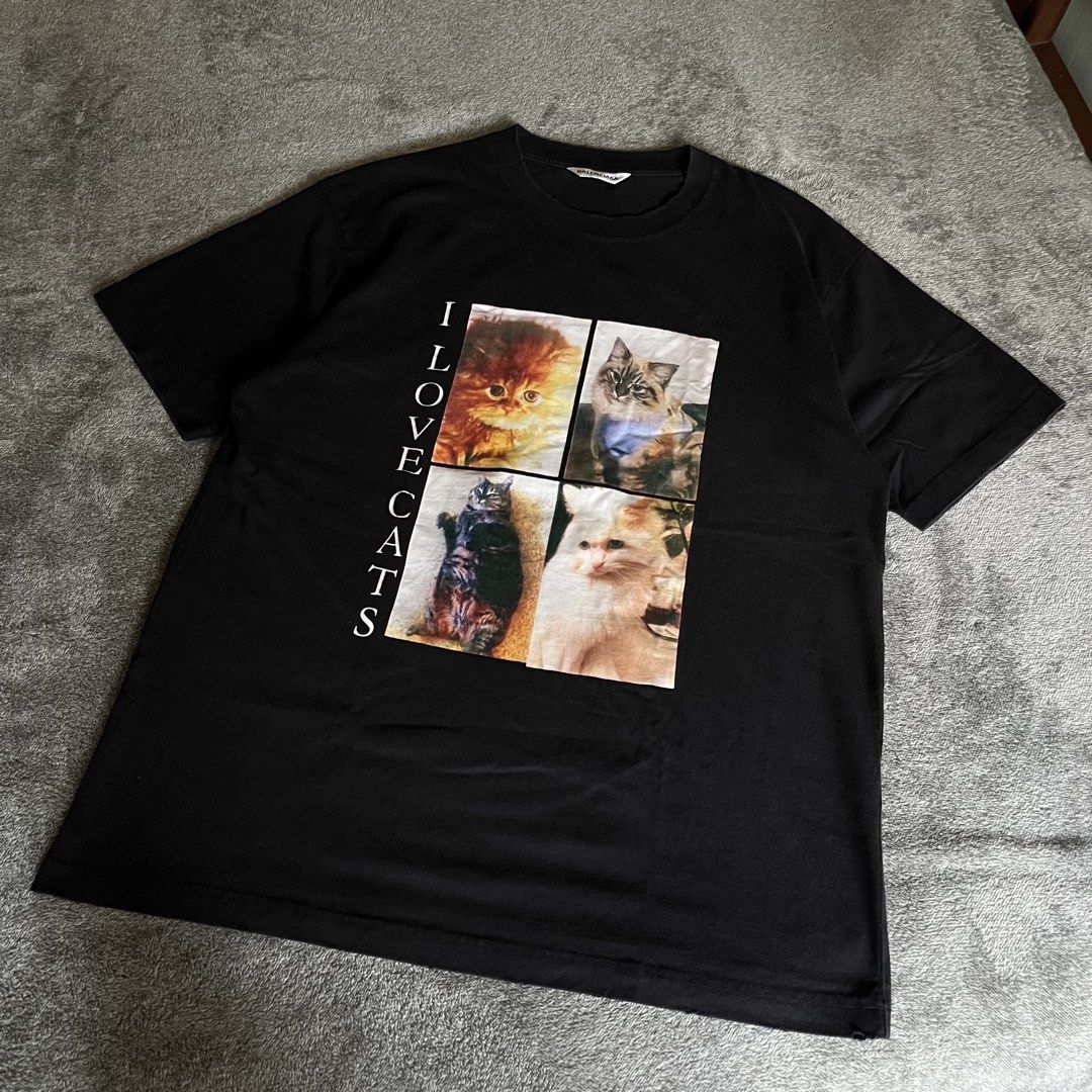 Balenciaga Cats Tee (Category: Tshirts & Polo Shirts ) located in Bulacan. Submitted by yours_nato_mi (Listing ID 1459228622, Image 1). Description: Balenciaga " I Love Cats" Distress tee Size - XS on tag Dimes: W22, 29 9/10✅.