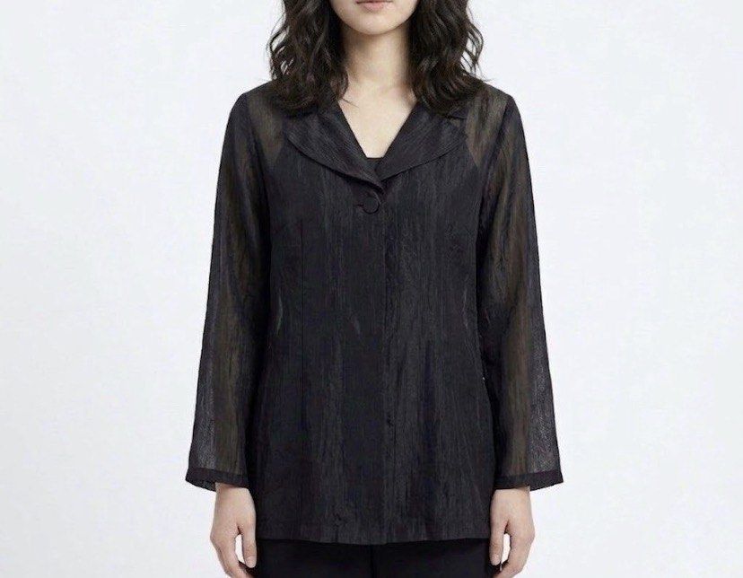 Black High Shine Semi Sheer One Button Blazer (Category: Coats, Jackets and Outerwear) located in Caloocan City. Submitted by declutteringph. (Listing ID 1459193841, Image 2). Description: No Size on the tag! Dimensions: (inches) Shoulder width: 17” Bust width: 19” Body Length: 29” - 30” Sleeves Length: 23”.