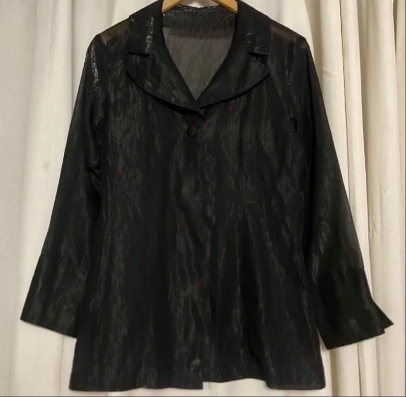 Black High Shine Semi Sheer One Button Blazer (Category: Coats, Jackets and Outerwear) located in Caloocan City. Submitted by declutteringph. (Listing ID 1459193841, Image 3). Description: No Size on the tag! Dimensions: (inches) Shoulder width: 17” Bust width: 19” Body Length: 29” - 30” Sleeves Length: 23”.