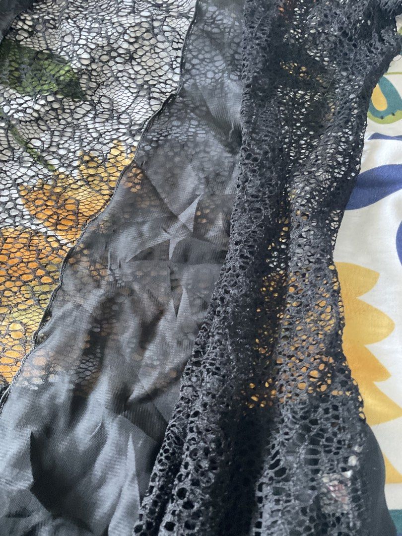 Black Lace Kimono with Floral Underlay (Category: Coats, Jackets and Outerwear) located in Manila. Submitted by horangborahae (Listing ID 1459178588, Image 3). Description: - Sheer black lace kimono - Delicate floral print underneath - Vibrant yellow and green floral tones - Open front design - Short sleeves - Ideal for layering over outfits.