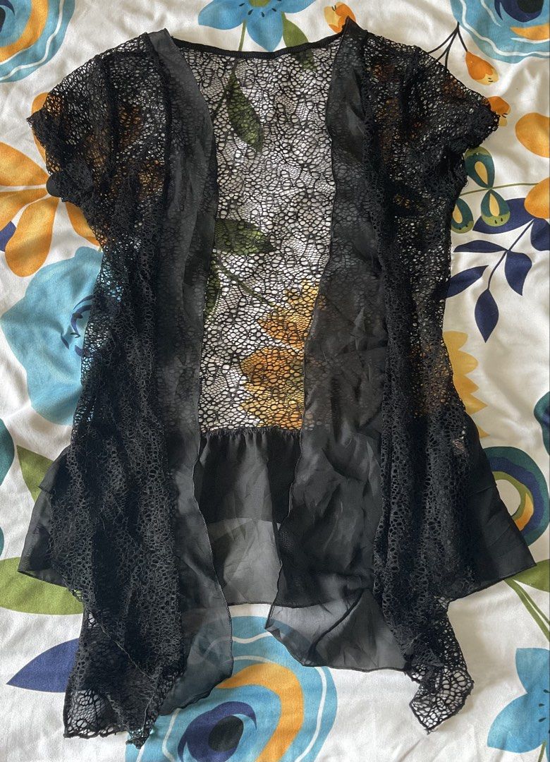 Black Lace Kimono with Floral Underlay (Category: Coats, Jackets and Outerwear) located in Manila. Submitted by horangborahae (Listing ID 1459178588, Image 1). Description: - Sheer black lace kimono - Delicate floral print underneath - Vibrant yellow and green floral tones - Open front design - Short sleeves - Ideal for layering over outfits.