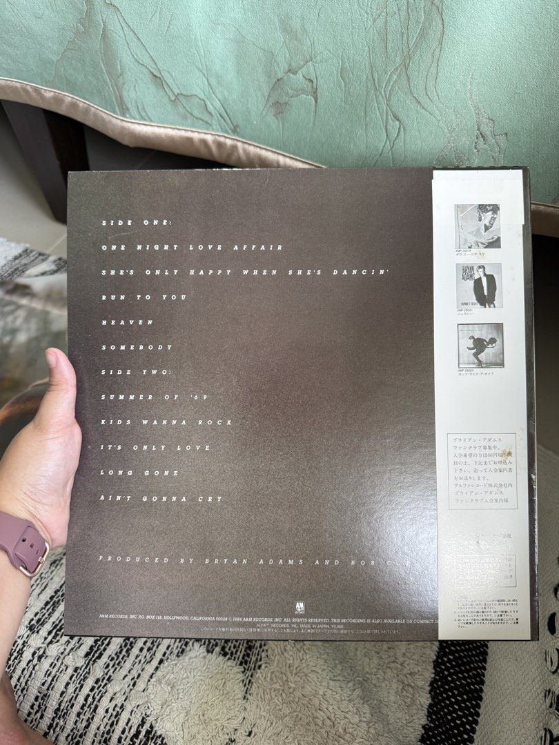 Bryan Adams Reckless Vinyl Record (Category: Vinyls) located in Lapu Lapu. Submitted by thegentleedit.ph (Listing ID 1459142282, Image 2). Description: - Bryan Adams Reckless vinyl record - Japanese pressing - Includes hits like "Summer of '69" and "Heaven" - Perfect addition to any music collection - Sold as is.