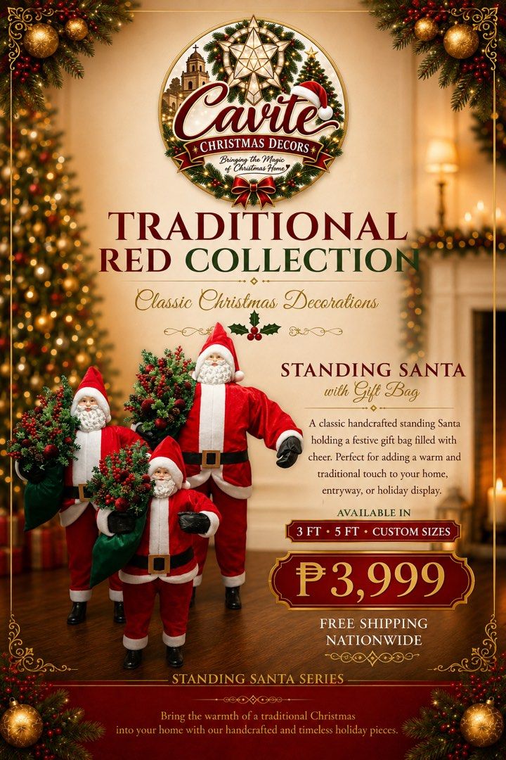 Christmas Decors (Category: Other Home Decor) located in Bacoor. Submitted by iamgraxa (Listing ID 1459196809, Image 2). Description: Check prices posted in each photos - Handcrafted classic Christmas decorations - Timeless holiday pieces to warm your home - Available in various sizes and styles - Features the popular Standing Santa series - Ideal for home, entryway, or holiday displays.