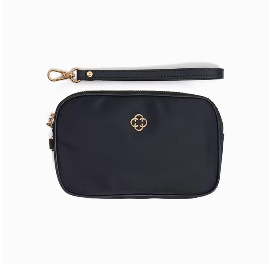 CLN Cheny Pouch (Category: Purses & Pouches) located in Manila. Submitted by cvmpreloved1212 (Listing ID 1459101652, Image 1). Description: - Stylish black pouch with elegant gold clover logo. - Secure zip closure for main compartment. - Convenient front zip pocket for quick access. - Includes a detachable wrist strap for versatile carrying. - Accented with sophisticated gold hardware. - Ideal for keeping your essentials neatly organized. - compl