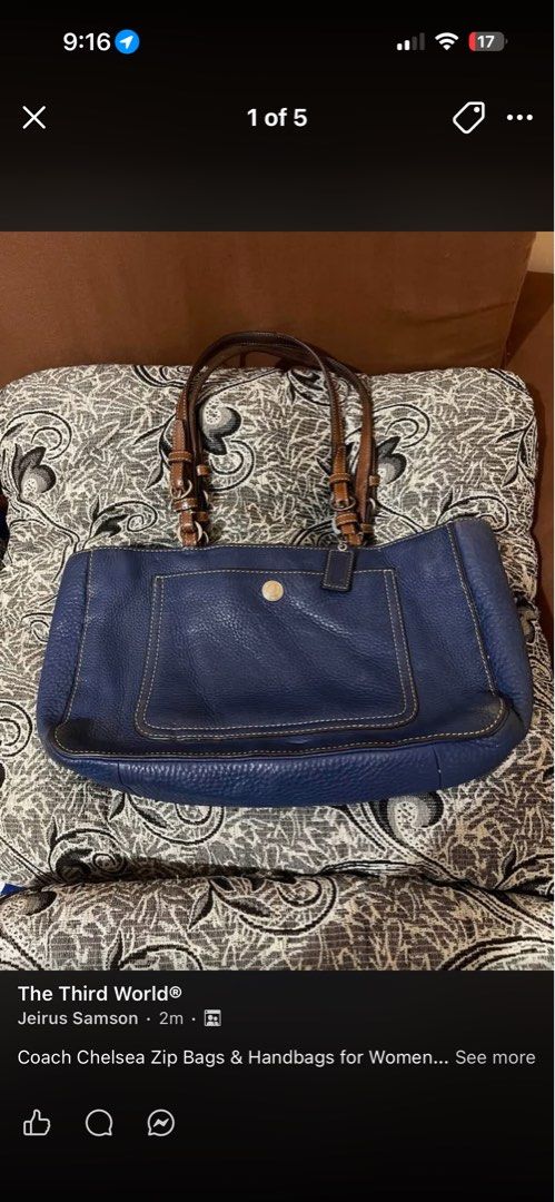 Coach Chelsea Zip Blue Leather Handbag (Category: Luxury Bags & Wallets) located in Manila. Submitted by olykkolos (Listing ID 1459089172, Image 1). Description: Selling a blue Coach Chelsea zip handbag. It's made of textured leather with brown leather straps. Has a front pocket with a button closure. The stitching is a light cream color. This bag has a classic look and is a good size for everyday use. Plenty of space inside..