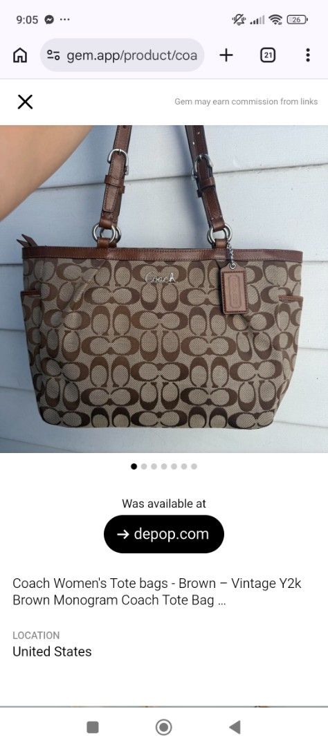 Coach Monogram Canvas Leather Trim Tote Bag (Category: Luxury Bags & Wallets) located in Manila. Submitted by jzk25 (Listing ID 1459090715, Image 1). Description: - Classic Coach monogram tote bag - Color: Brown canvas with leather trim and handles - Features: Exterior slip pockets, interior zippered pocket - Iconic "C" monogram pattern - Perfect size for everyday use - Authenticity tag included missing lngnyung sling nya .